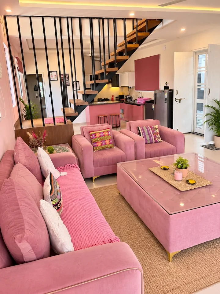 Musk Rose · Pink sofas and staircase