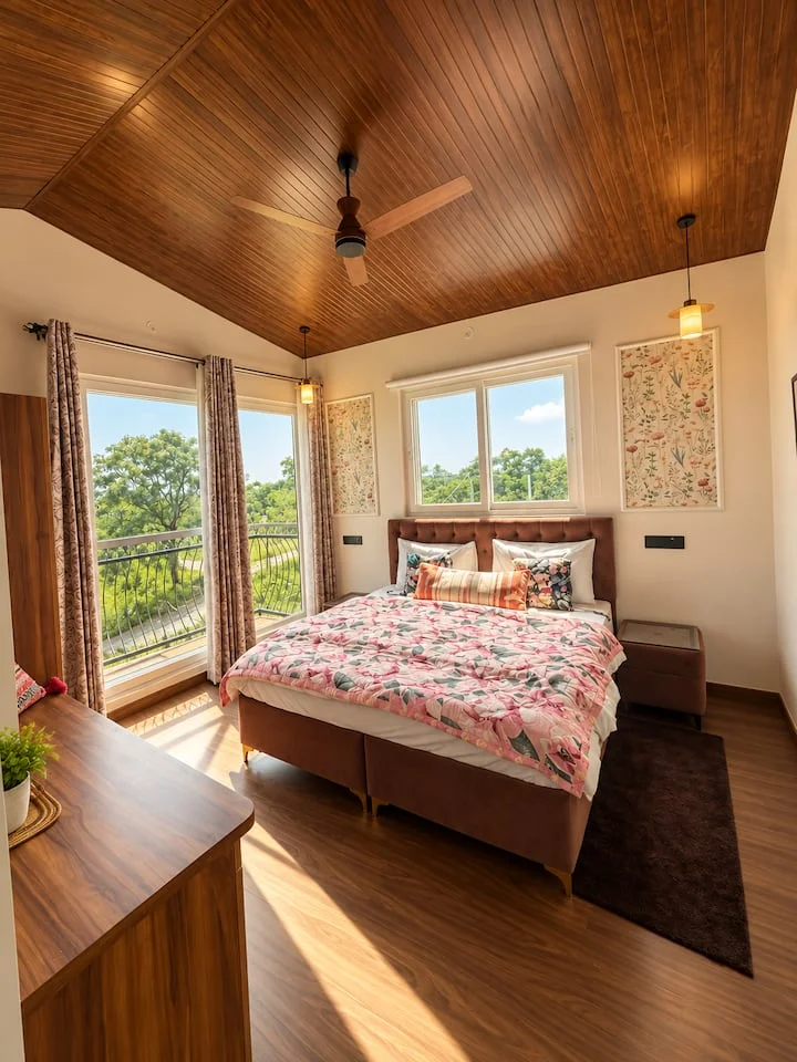 Musk Rose · First bedroom with wood ceiling